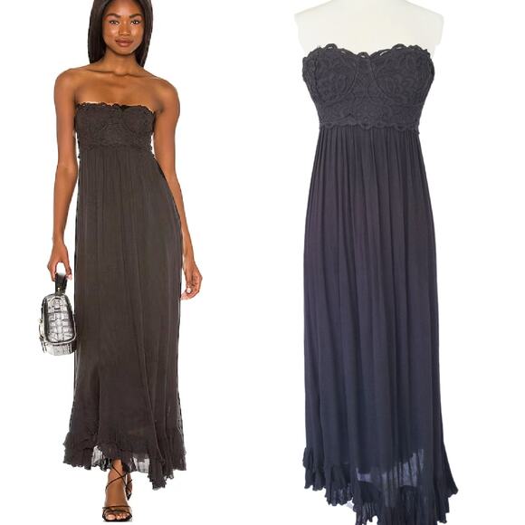 Free People Adella Corset Maxi Dress Black Strapless Lace Size Small - Picture 1 of 14